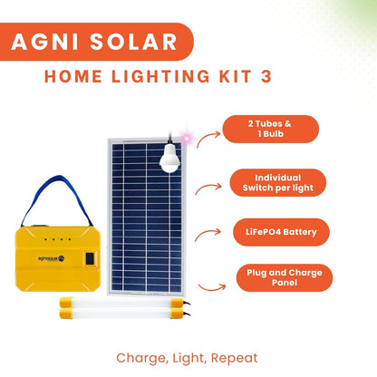 AgniSolar Home Lighting Kit 5: Efficient Solar Light for Home, Outdoor, Camping. Easy Installation-USB Charging-Waterproof 8W Panel-Portable-Durable-Energy-Saving-Bright-Affordable. Charges in a Day!