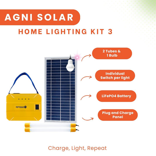 AgniSolar Home Lighting Kit 5: Efficient Solar Light for Home, Outdoor, Camping. Easy Installation-USB Charging-Waterproof 8W Panel-Portable-Durable-Energy-Saving-Bright-Affordable. Charges in a Day!