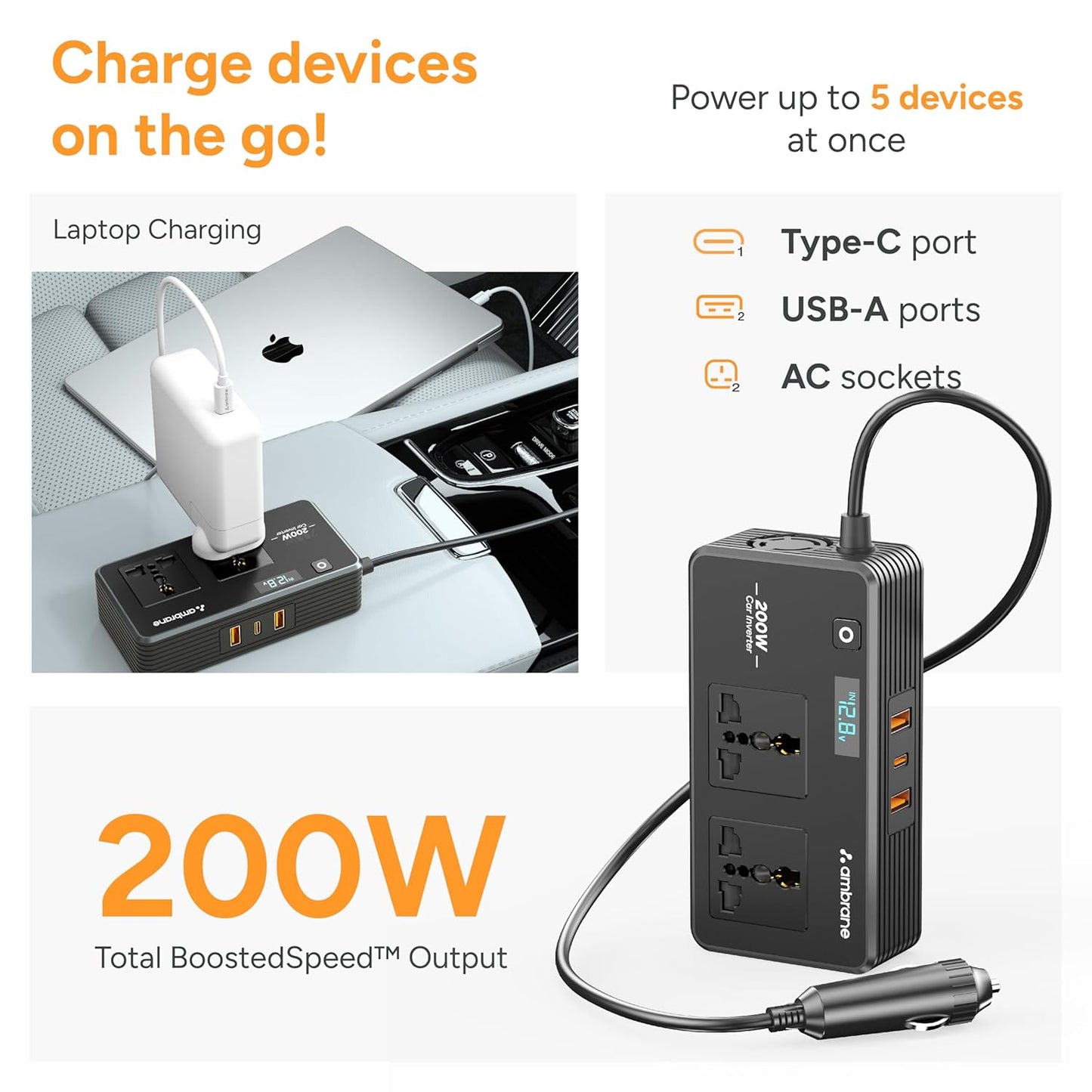 Ambrane 200W Car Power Inverter/Laptop Charger